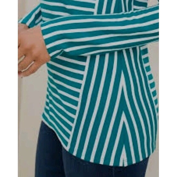 Chico's‎ Green/White Asymmetrical Striped Long Sleeve Ponte Top Size Med 1 - Picture 3 of 8